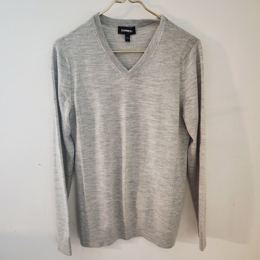 EXPRESS Mens Light Gray V Neck Merino‎ Wool Sweater Size S